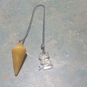 New! Yellow Agate Cone Gemstone Pendulum with Owl Charm.